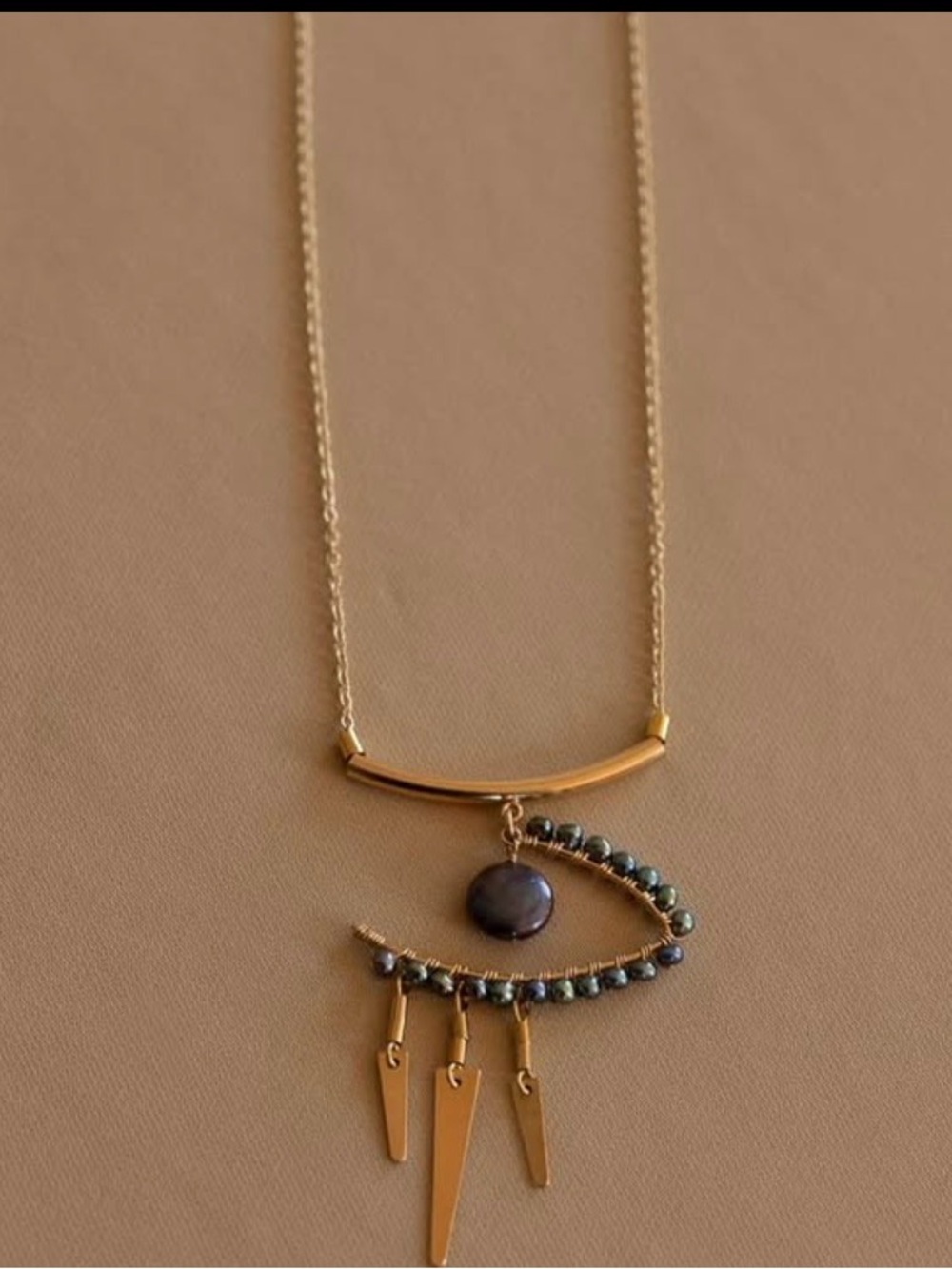 Goldish Eye of Horus Necklace 14K Gold Filled Black Pearl